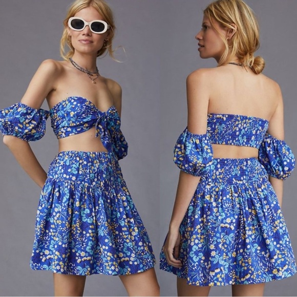 Maeve Dresses & Skirts - Maeve Anthropologie Blue Floral Puff Sleeve Top and Skirt Set Size L NWT $160